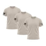 Set of three patriotic T-shirts with American flag sleeve design for men.