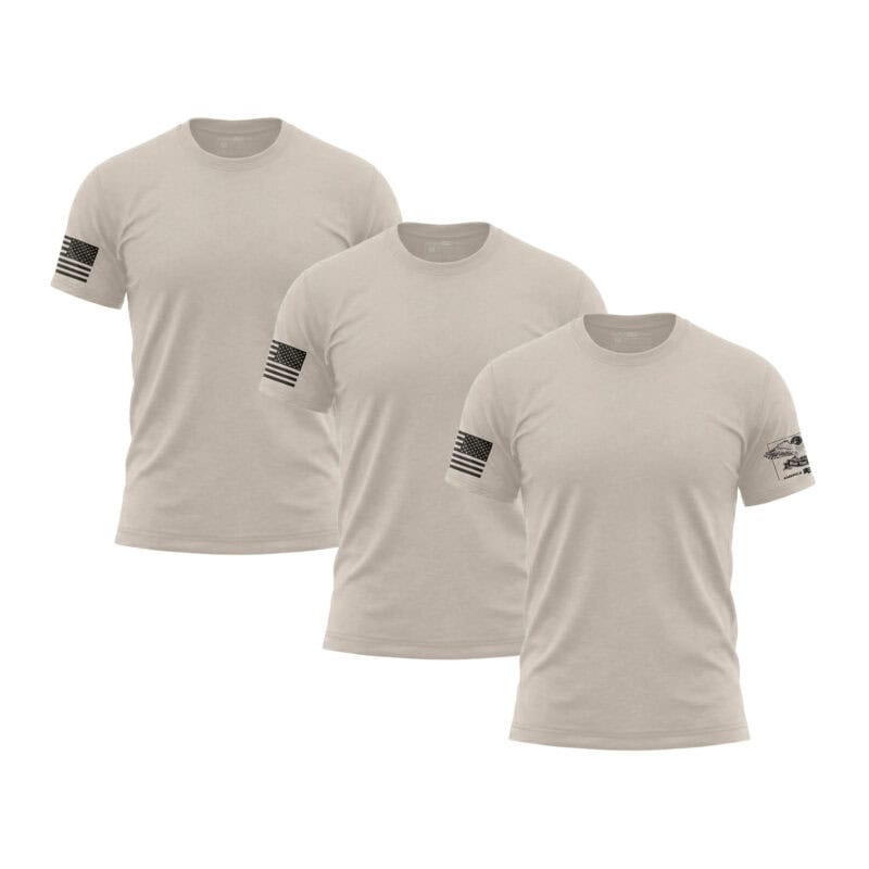 Set of three patriotic T-shirts with American flag sleeve design for men.