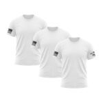 Set of three white American flag sleeve T-shirts for patriotic wear.