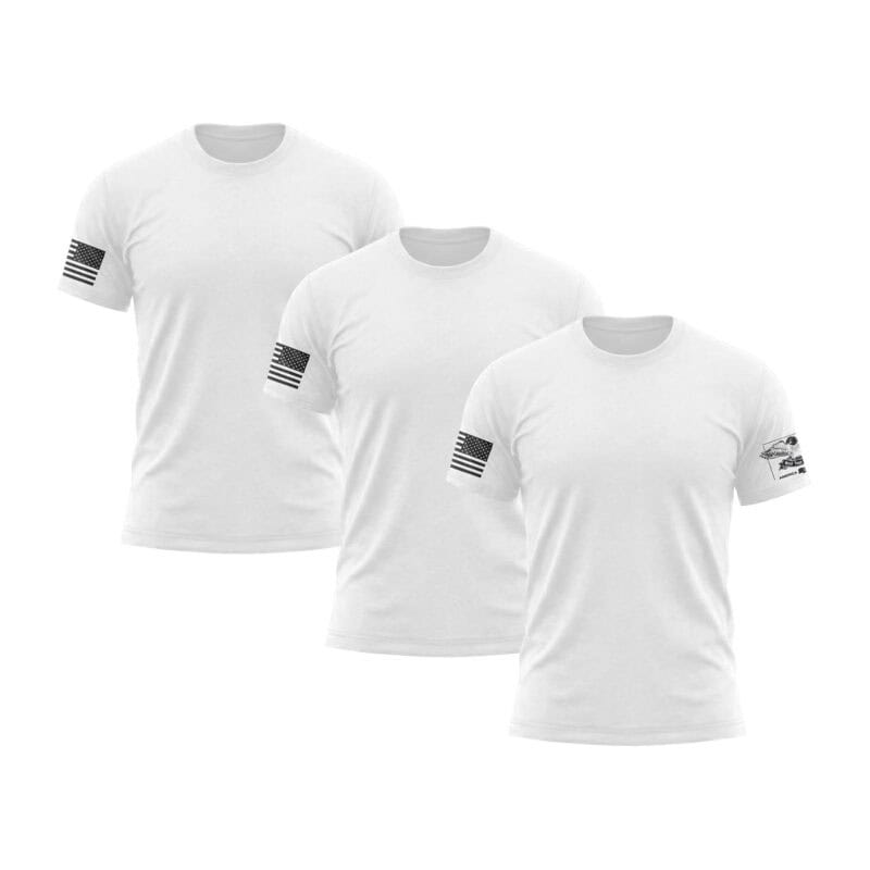 Set of three white American flag sleeve T-shirts for patriotic wear.