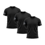 Set of three black American flag sleeve T-shirts for patriotic wear.