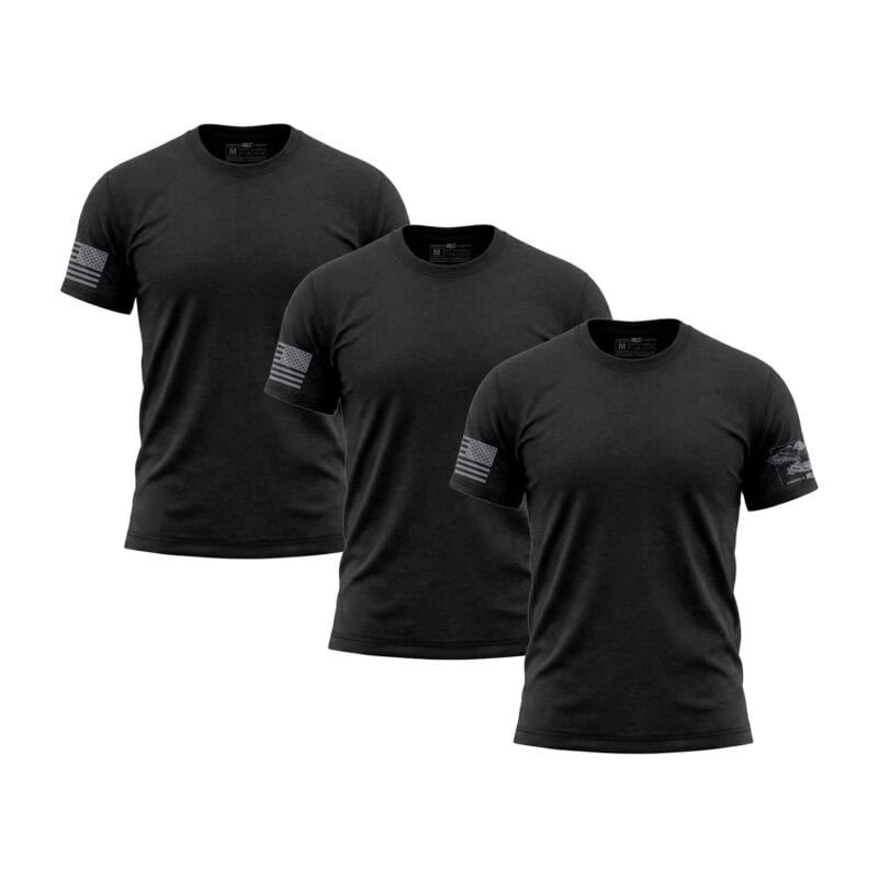Set of three black American flag sleeve T-shirts for patriotic wear.