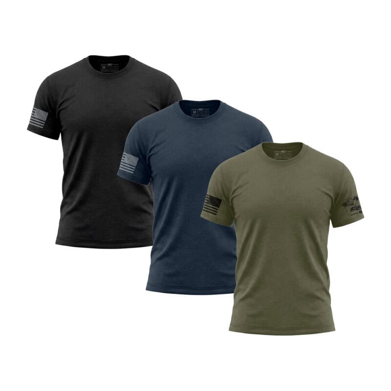 Three military-style T-shirts with American flag patches on sleeves.