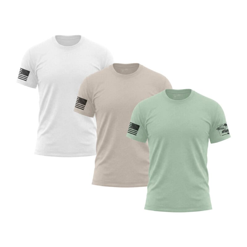 Set of three casual T-shirts with American flag patches on sleeves.