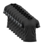 Set of nine charcoal T-shirts with American flag sleeve design for men.