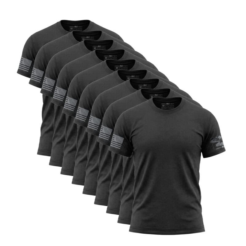 Set of nine charcoal T-shirts with American flag sleeve design for men.