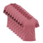 Set of nine dusty rose American flag sleeve T-shirts for men and women.