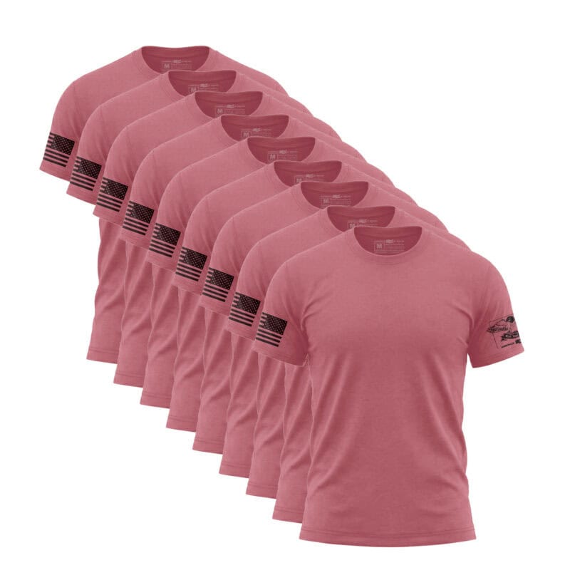 Set of nine dusty rose American flag sleeve T-shirts for men and women.