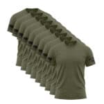 Set of nine olive green American flag sleeve T-shirts for men.