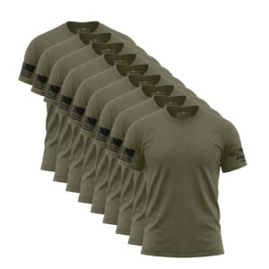 Set of nine olive green American flag sleeve T-shirts for men.