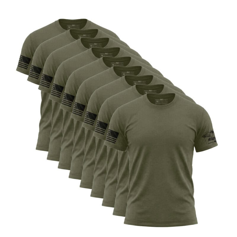 Set of nine olive green American flag sleeve T-shirts for men.