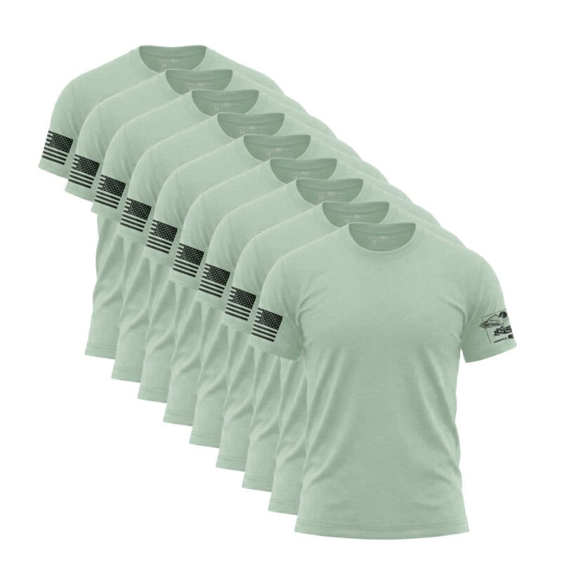 Set of nine mint green American flag sleeve T-shirts for men.