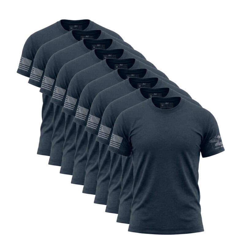 Set of navy blue American flag sleeve T-shirts for men.