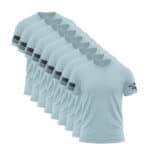 Set of nine sky blue American flag sleeve T-shirts for men.