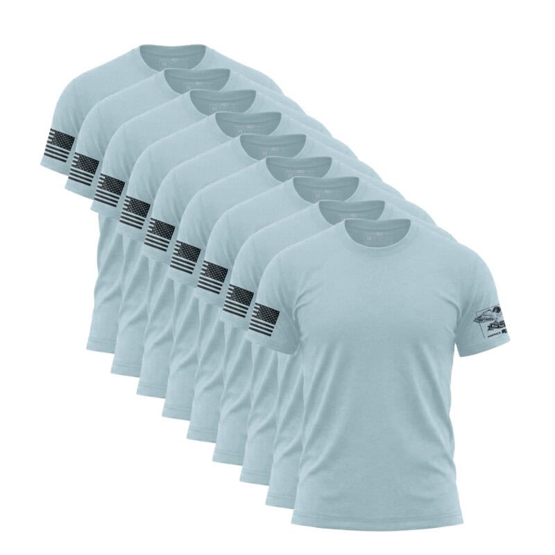 Set of nine sky blue American flag sleeve T-shirts for men.