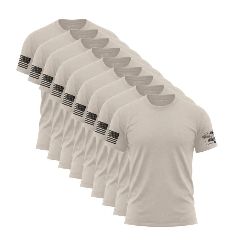 Set of nine white American flag sleeve T-shirts for men.
