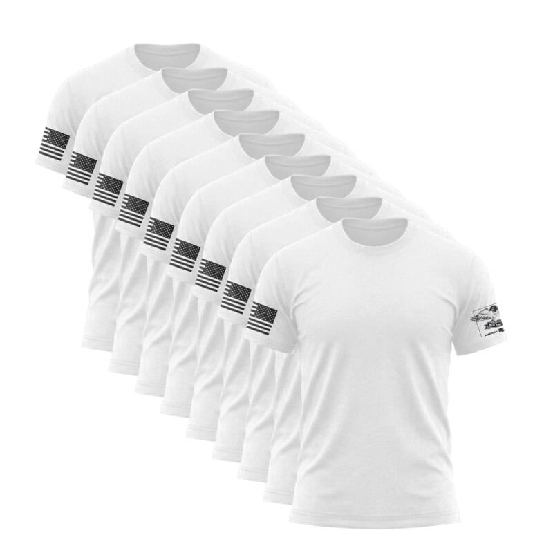 White T-shirts with American flag sleeve design for patriotic wear.