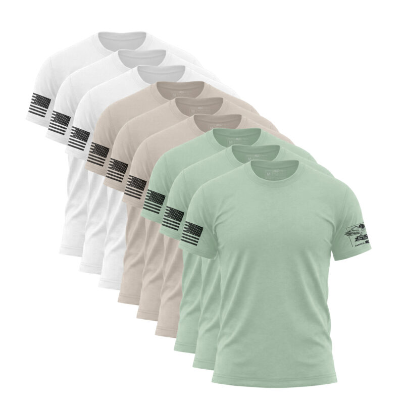 Liberty Light nine-pack with three White three Sand and three Mint flag sleeve T-shirts