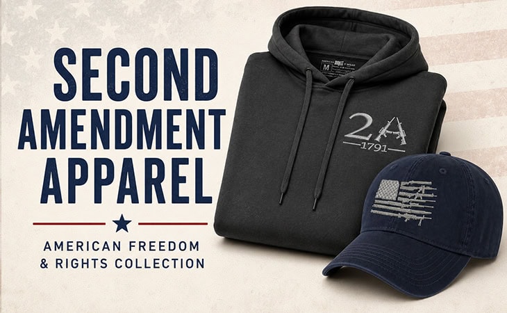 Black hoodie and navy cap with American flag and Second Amendment design.