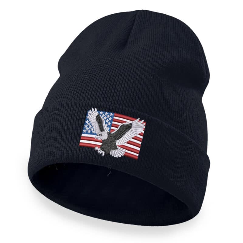 Bald eagle beanie with embroidered American flag and eagle design