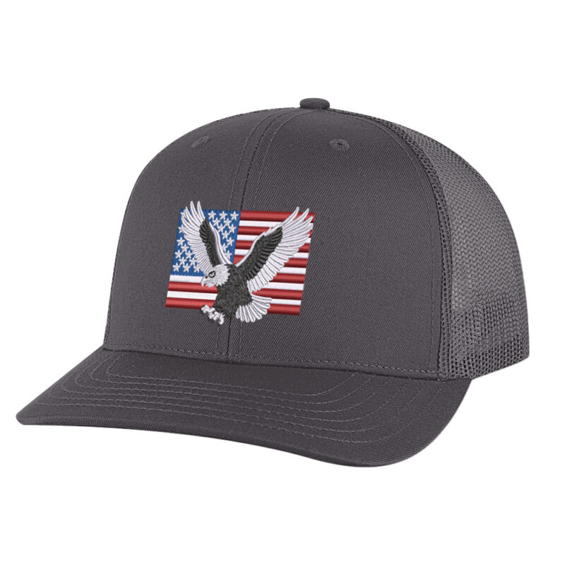 Bald Eagle Trucker Hat with embroidered American flag and eagle design