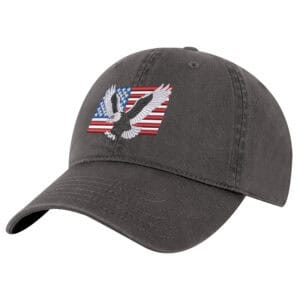 Embroidered bald eagle with American flag on gray baseball cap.