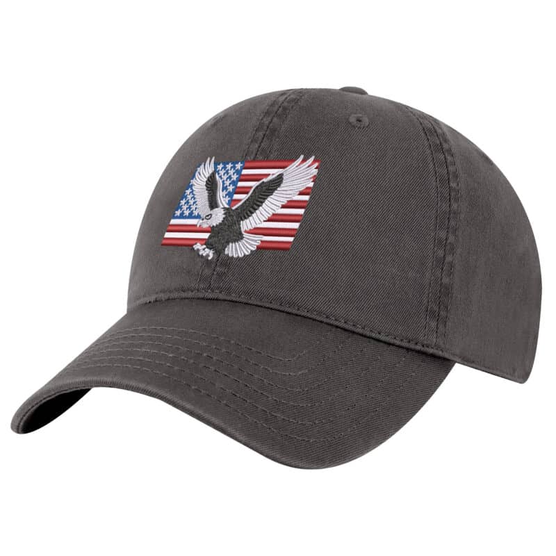 Embroidered bald eagle with American flag on gray baseball cap.