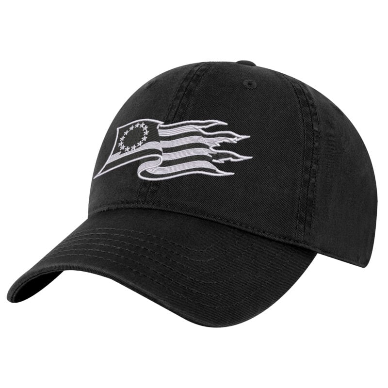 Black baseball cap with embroidered 13-star Betsy Ross flag design.