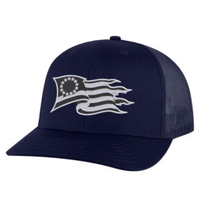 Betsy Ross Flag Trucker Hat with embroidered 13 star American flag design