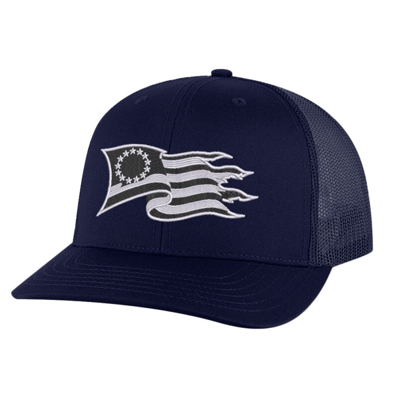 Betsy Ross Flag Trucker Hat with embroidered 13 star American flag design
