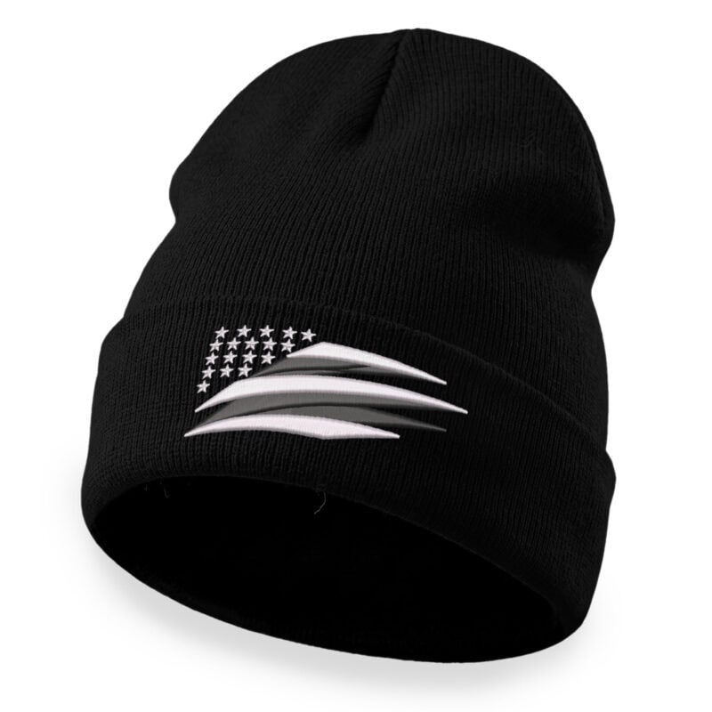 Modern American flag beanie with embroidered stars and streamlined stripes