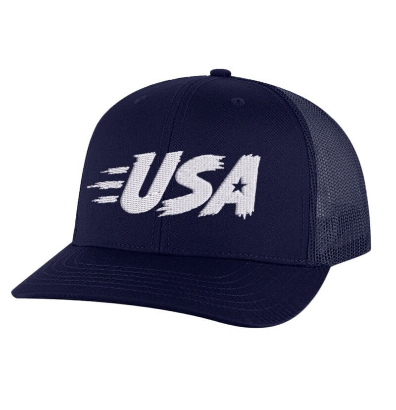 USA Trucker Hat with bold embroidered USA lettering on mesh-back cap