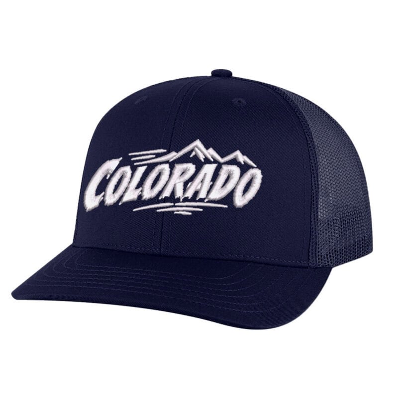 Colorado Trucker Hat with embroidered Colorado lettering and mountain design