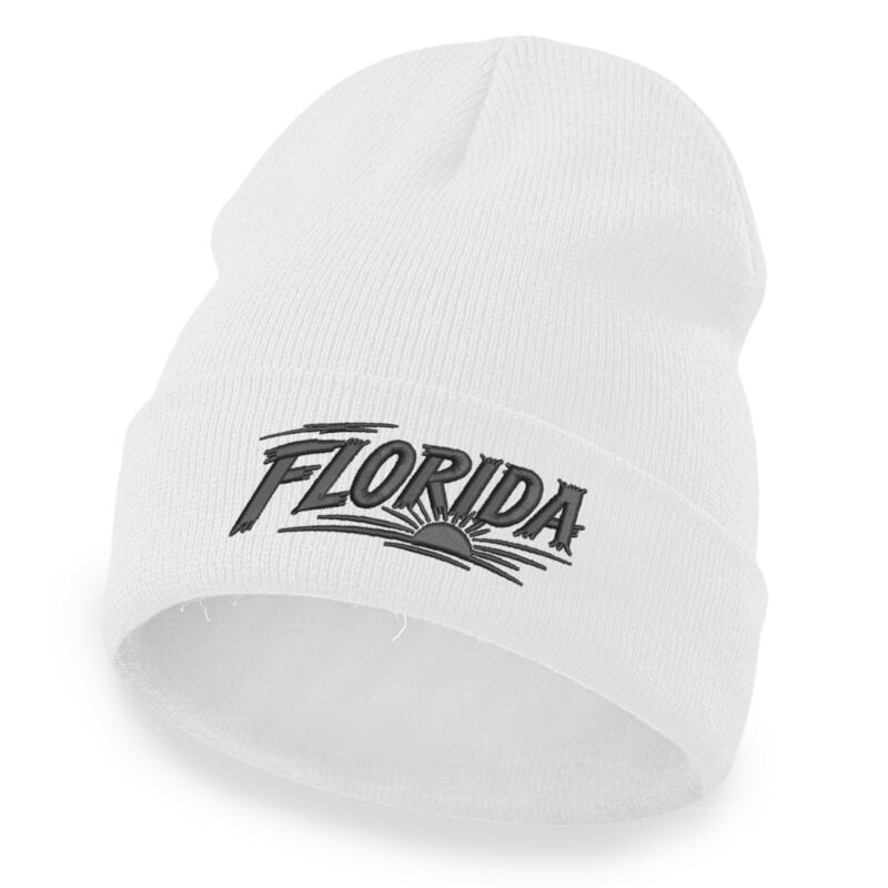 Florida beanie with embroidered Florida lettering and sunrise design