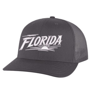 Florida Trucker Hat with embroidered Florida lettering and sunrise design