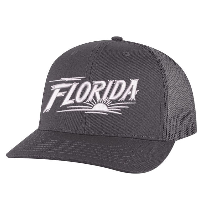 Florida Trucker Hat with embroidered Florida lettering and sunrise design