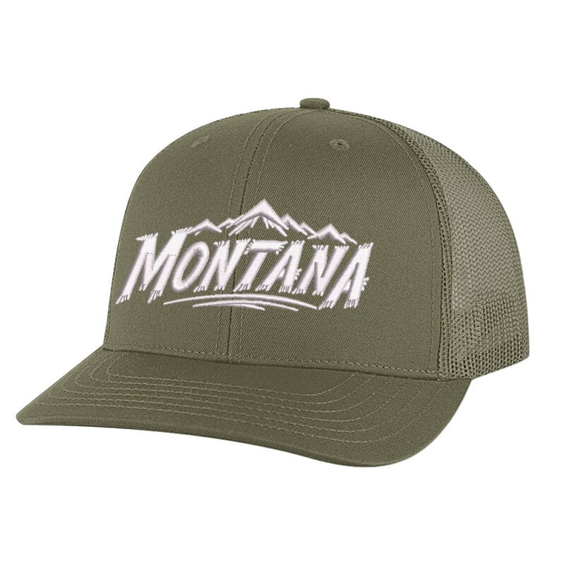Montana Trucker Hat with embroidered Montana lettering and mountain design