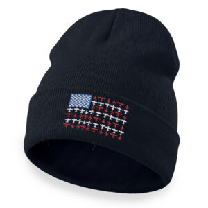 Aviation beanie with embroidered American flag made from airplane silhouettes