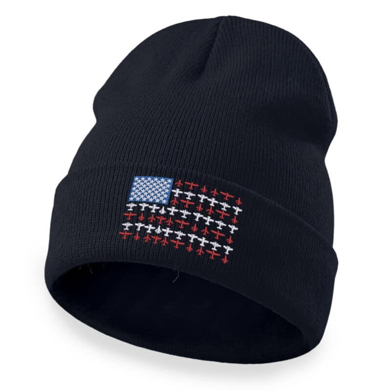 Aviation beanie with embroidered American flag made from airplane silhouettes