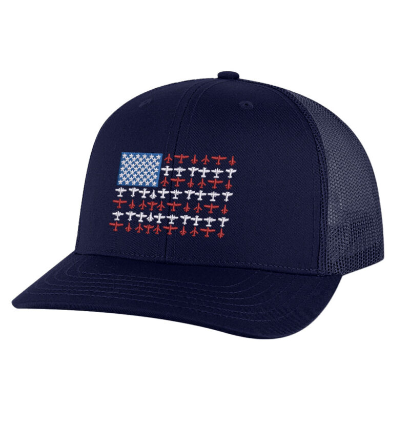 Aviation Trucker Hat with embroidered American flag made from airplane silhouettes