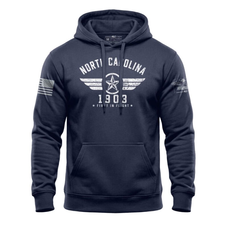 North Carolina aviation hoodie with First in Flight 1903 winged-star graphic