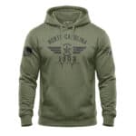 Military green hoodie with North Carolina First in Flight design and patriotic patches.