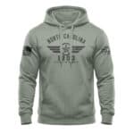 Men's hoodie with North Carolina First in Flight design and patriotic patches.