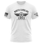 White T-shirt with North Carolina aviation heritage design and American flag.