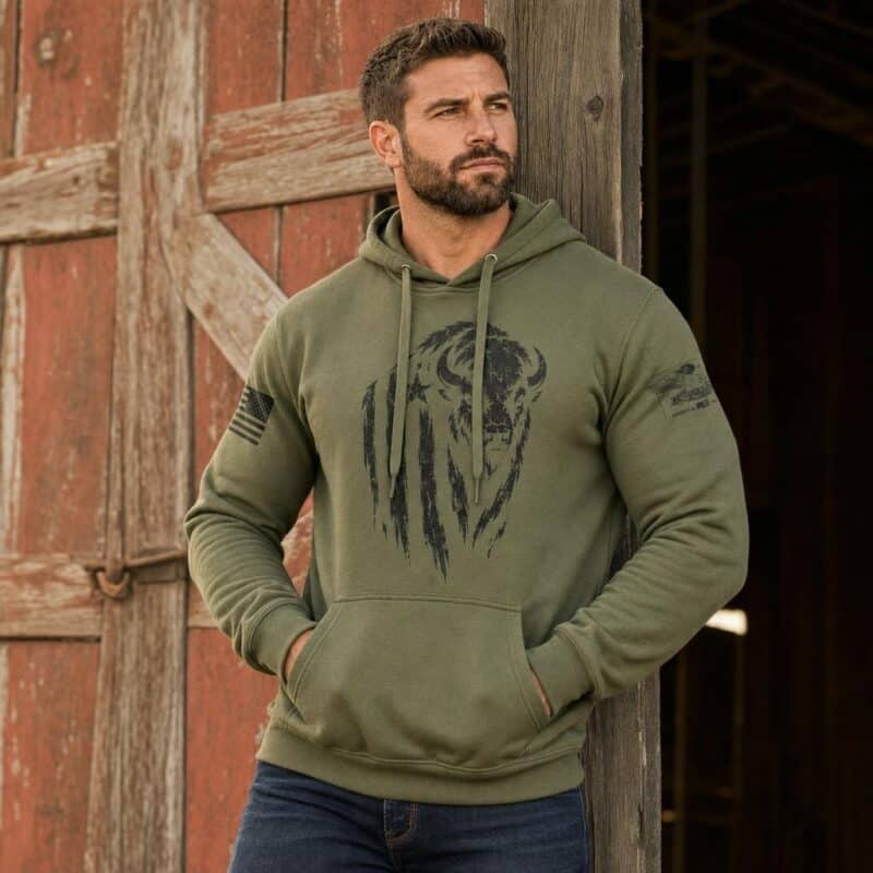 Men's olive green hoodie with distressed buffalo graphic, casual outdoor style.
