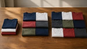 Three arrangements of folded patriotic-color T-shirts showing compact, medium, and larger wardrobe rotations.