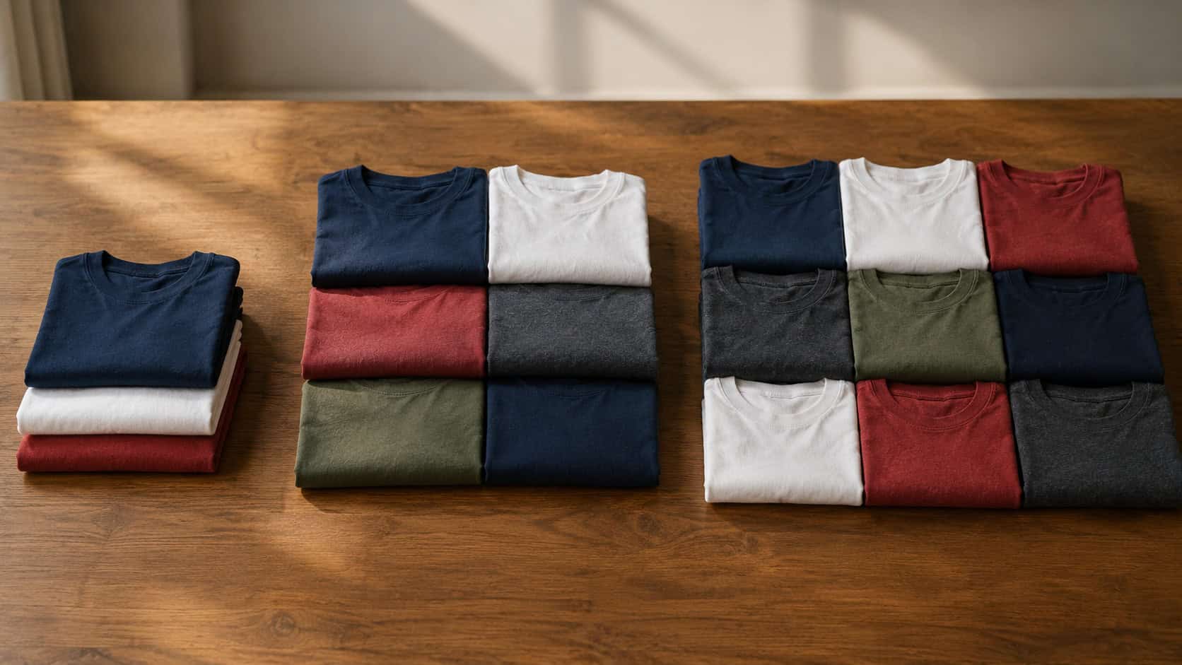 Three arrangements of folded patriotic-color T-shirts showing compact, medium, and larger wardrobe rotations.