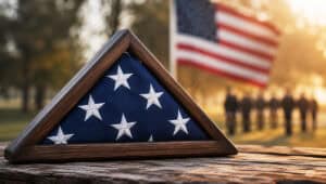 Properly folded American flag in a triangular display case representing the traditional 13-fold ceremony
