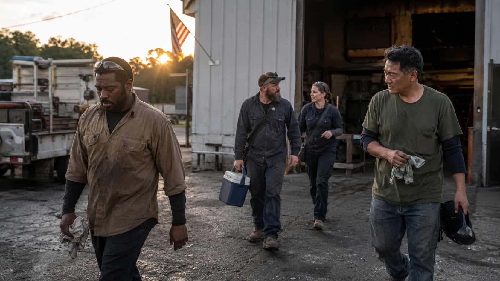 American workers leaving an industrial workplace at the end of the day, representing the people and labor history behind Labor Day.