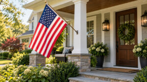 American flag properly displayed from a residential front porch